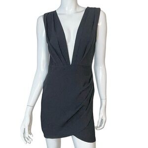 Rumor Plunging Neck Line Open Back Sleeveless Wrap Style‎ Black Mini Dress